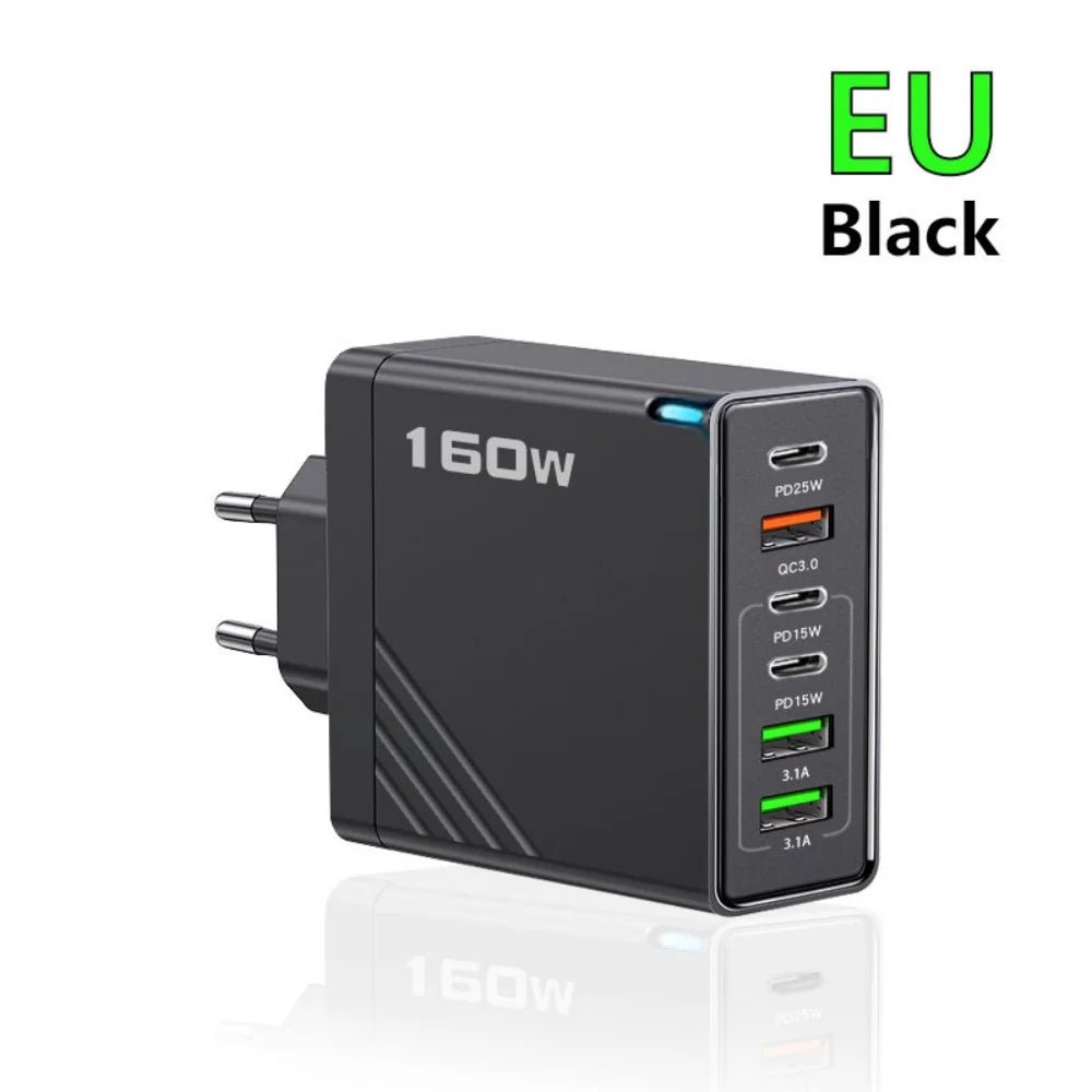 160W Multi Ports USB Charger Type C Fast Charging EU/US Plug Wall Charger For iPhone Samsung Xiaomi Huawei Phone Charger Adapter - Prime Devine Supply14:29EU Black;200007763:201336100EU Black