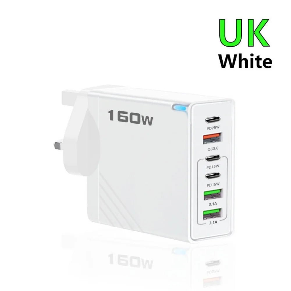 160W Multi Ports USB Charger Type C Fast Charging EU/US Plug Wall Charger For iPhone Samsung Xiaomi Huawei Phone Charger Adapter - Prime Devine Supply14:193UK White;200007763:201336100UK White