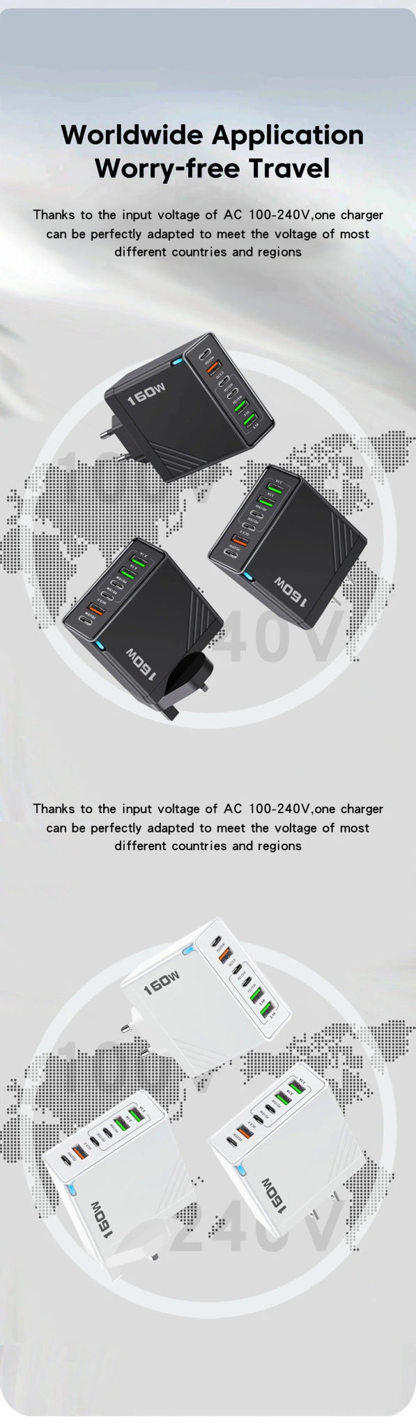 160W Multi Ports USB Charger Type C Fast Charging EU/US Plug Wall Charger For iPhone Samsung Xiaomi Huawei Phone Charger Adapter - Prime Devine Supply14:366UK Black;200007763:201336100UK Black