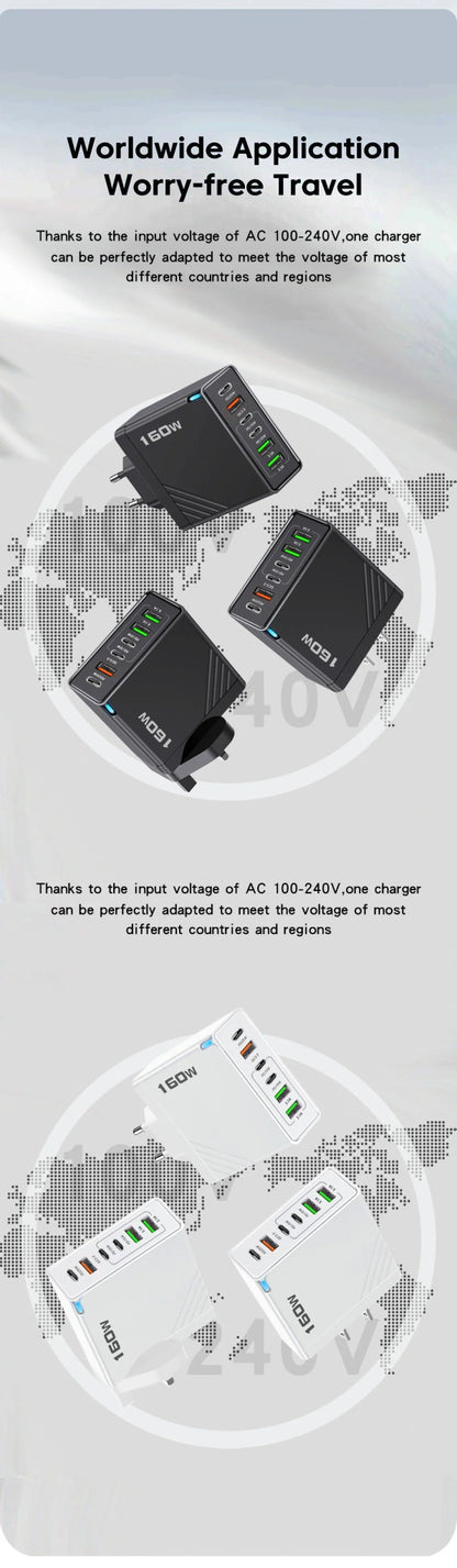 160W Multi Ports USB Charger Type C Fast Charging EU/US Plug Wall Charger For iPhone Samsung Xiaomi Huawei Phone Charger Adapter - Prime Devine Supply14:366UK Black;200007763:201336100UK Black