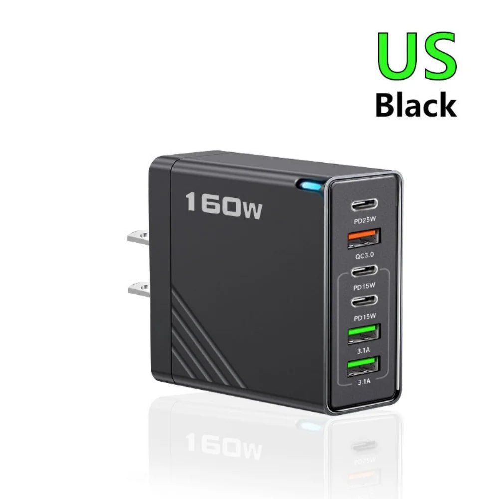160W Multi Ports USB Charger Type C Fast Charging EU/US Plug Wall Charger For iPhone Samsung Xiaomi Huawei Phone Charger Adapter - Prime Devine Supply14:175US Black;200007763:201336100US Black