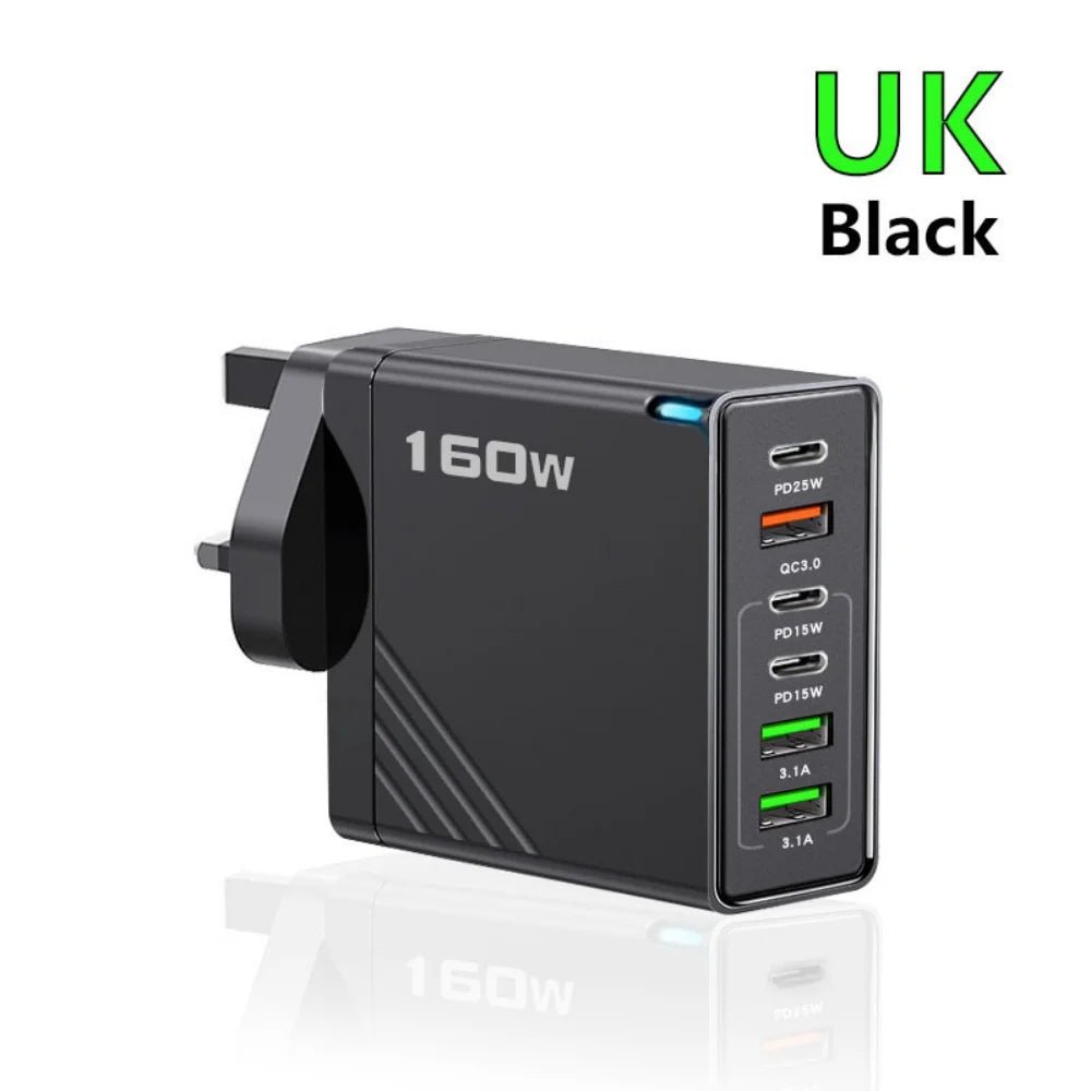 160W Multi Ports USB Charger Type C Fast Charging EU/US Plug Wall Charger For iPhone Samsung Xiaomi Huawei Phone Charger Adapter - Prime Devine Supply14:366UK Black;200007763:201336100UK Black