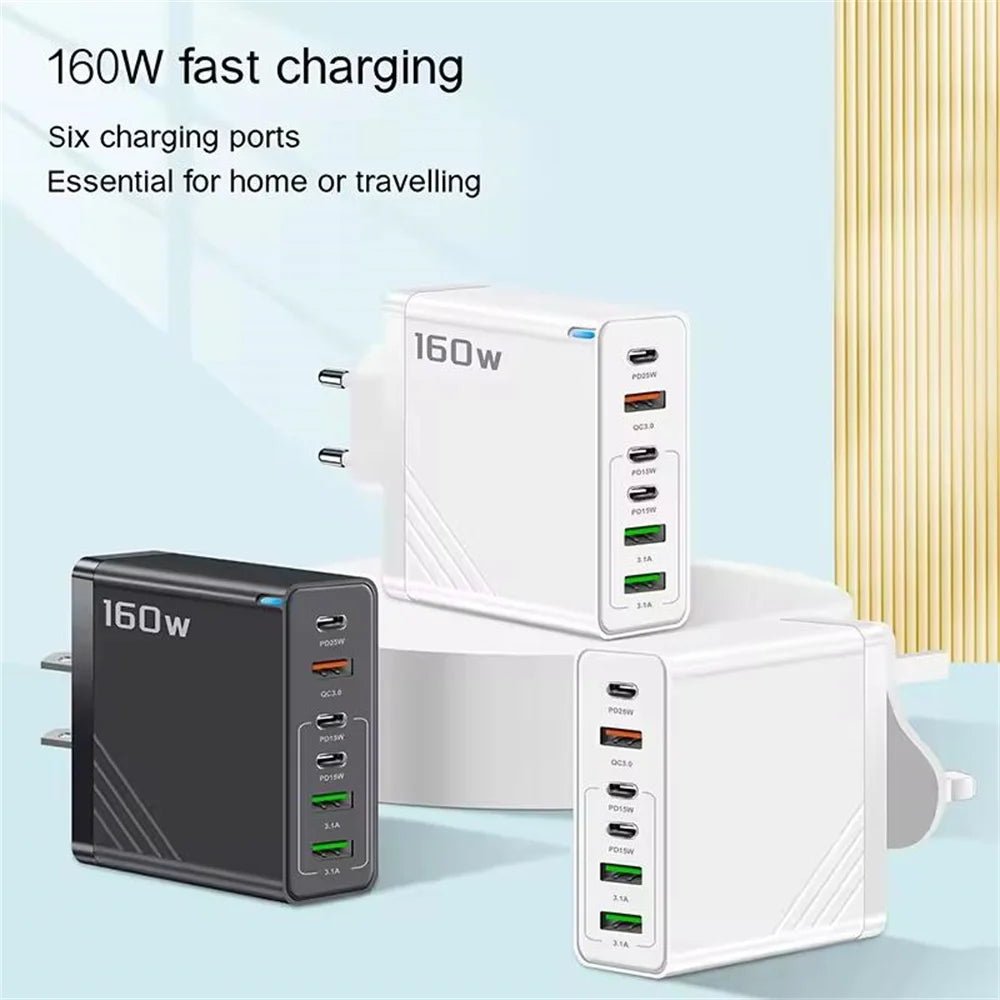 160W Multi Ports USB Charger Type C Fast Charging EU/US Plug Wall Charger For iPhone Samsung Xiaomi Huawei Phone Charger Adapter - Prime Devine Supply14:366UK Black;200007763:201336100UK Black