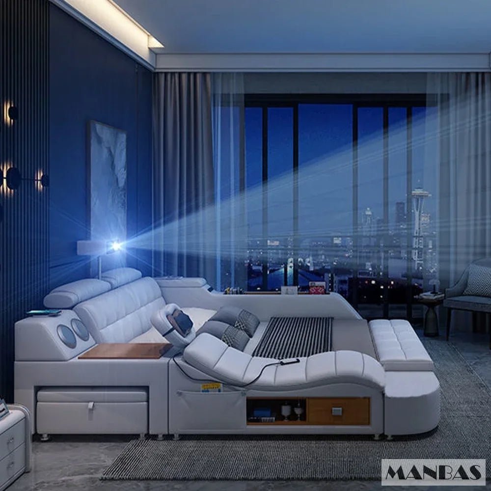 MINGDIBAO Tech Smart Genuine Leather Bed | Multifunctional Ultimate Beds | Massage Tatami Bed with Projecter | Upholstered Cama - Prime Devine Supply14:173bed with hig boxbed with hig box