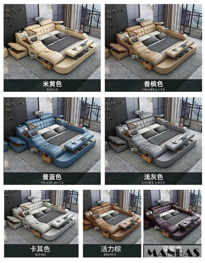 MINGDIBAO Tech Smart Genuine Leather Bed | Multifunctional Ultimate Beds | Massage Tatami Bed with Projecter | Upholstered Cama - Prime Devine Supply14:173bed with hig boxbed with hig box