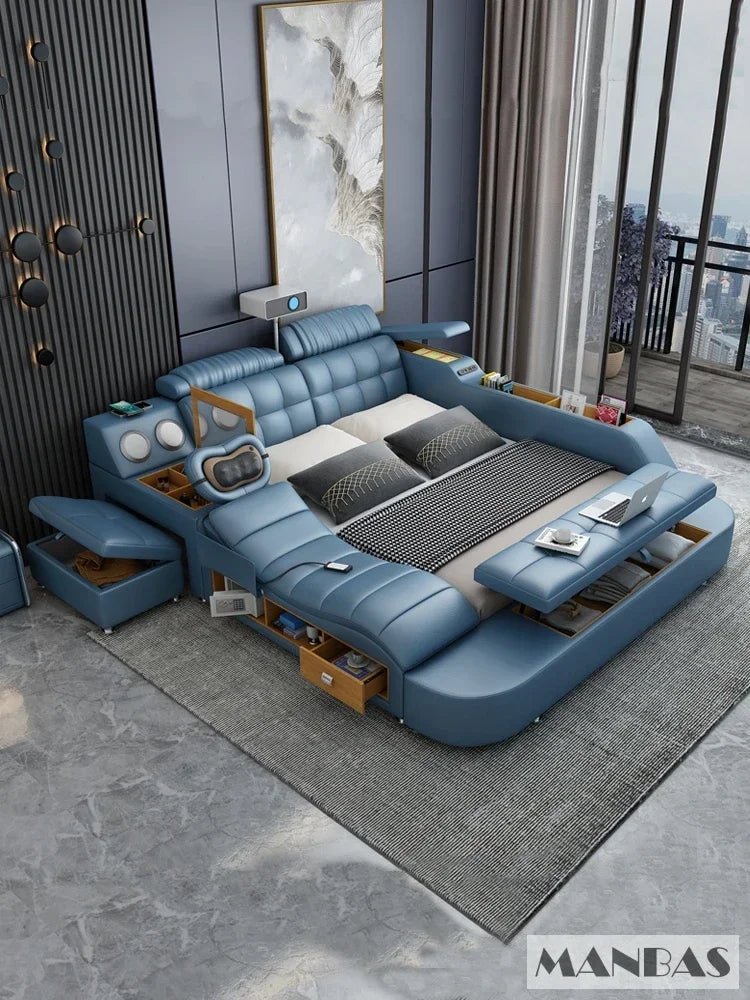 MINGDIBAO Tech Smart Genuine Leather Bed | Multifunctional Ultimate Beds | Massage Tatami Bed with Projecter | Upholstered Cama - Prime Devine Supply14:173bed with hig boxbed with hig box