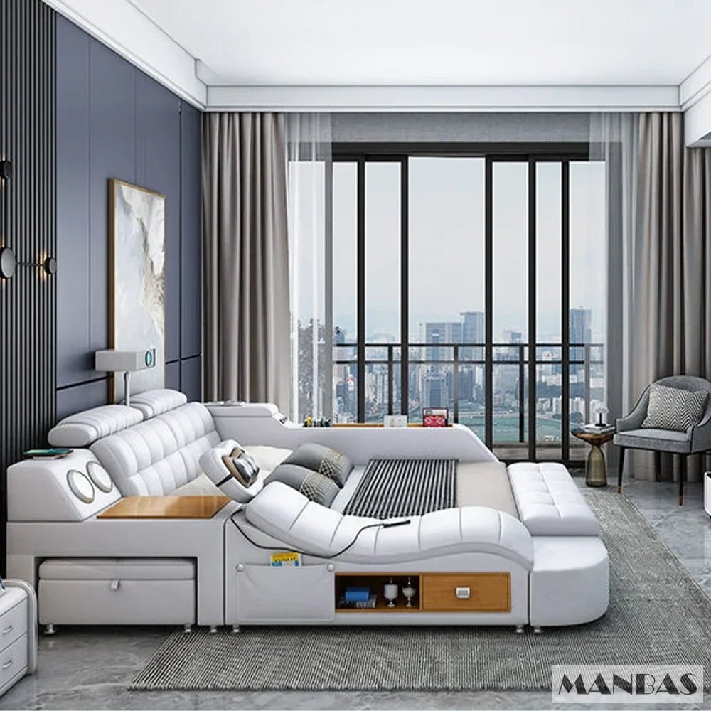 MINGDIBAO Tech Smart Genuine Leather Bed | Multifunctional Ultimate Beds | Massage Tatami Bed with Projecter | Upholstered Cama - Prime Devine Supply14:173bed with hig boxbed with hig box