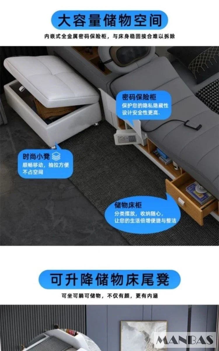 MINGDIBAO Tech Smart Genuine Leather Bed | Multifunctional Ultimate Beds | Massage Tatami Bed with Projecter | Upholstered Cama - Prime Devine Supply14:173bed with hig boxbed with hig box
