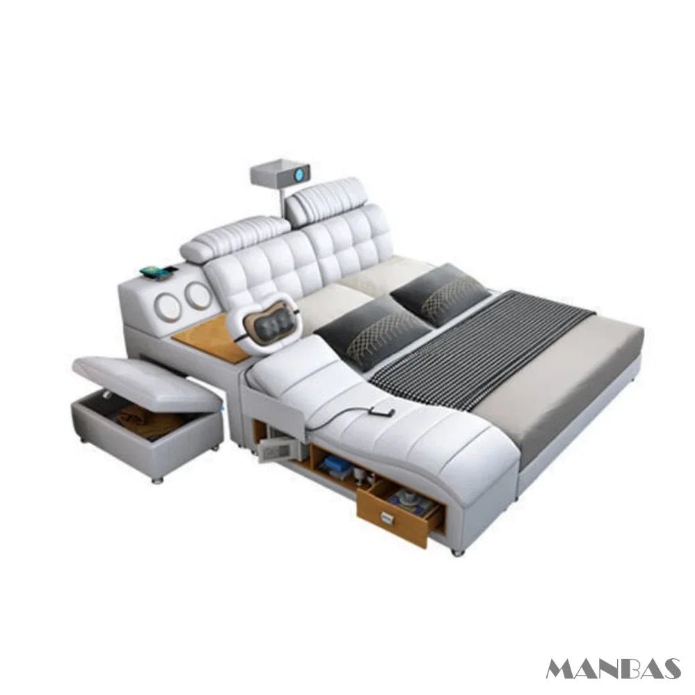 MINGDIBAO Tech Smart Genuine Leather Bed | Multifunctional Ultimate Beds | Massage Tatami Bed with Projecter | Upholstered Cama - Prime Devine Supply14:173bed with hig boxbed with hig box