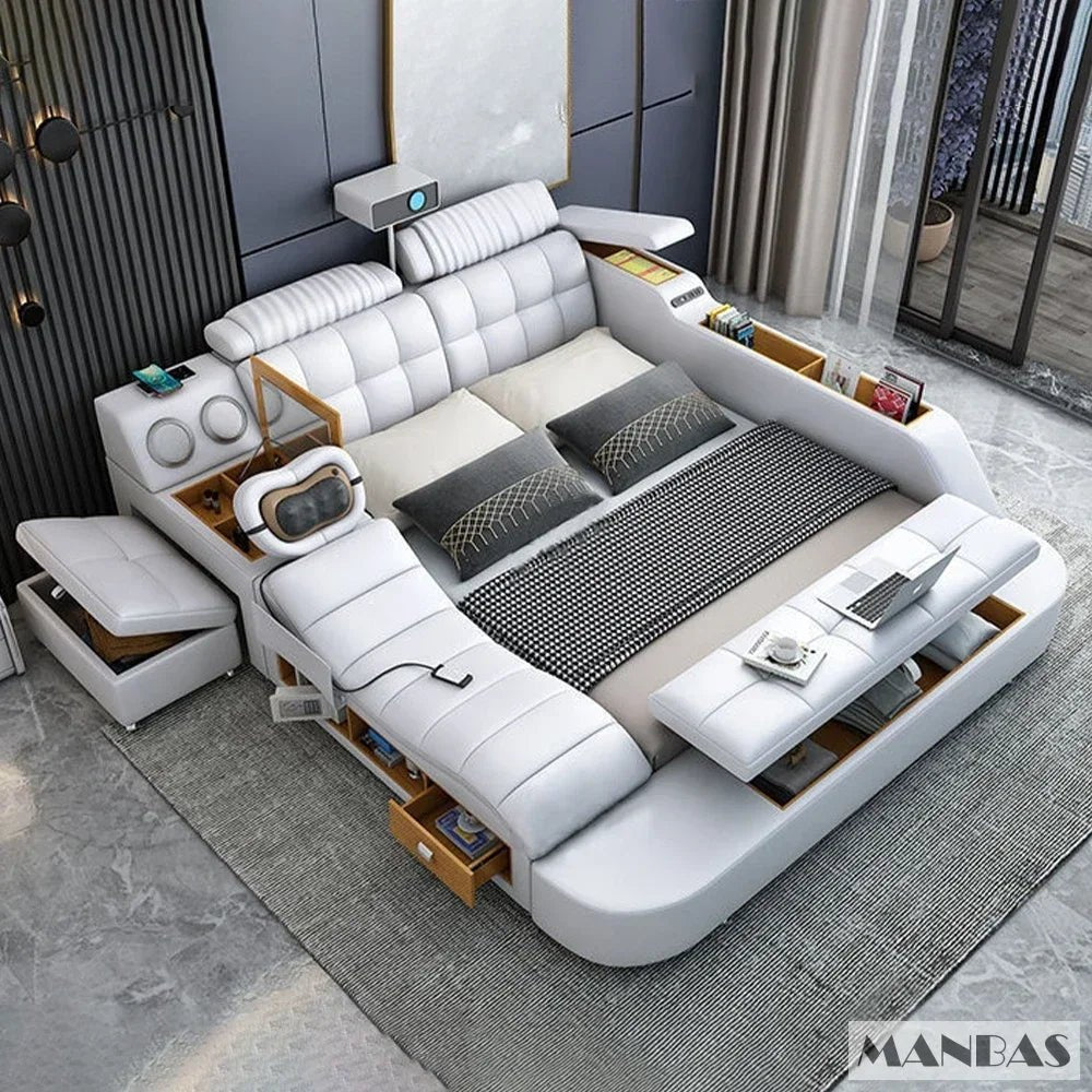 MINGDIBAO Tech Smart Genuine Leather Bed | Multifunctional Ultimate Beds | Massage Tatami Bed with Projecter | Upholstered Cama - Prime Devine Supply14:173bed with hig boxbed with hig box