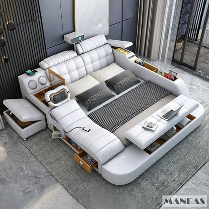 MINGDIBAO Tech Smart Genuine Leather Bed | Multifunctional Ultimate Beds | Massage Tatami Bed with Projecter | Upholstered Cama - Prime Devine Supply14:173bed with hig boxbed with hig box