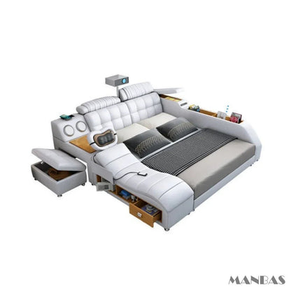 MINGDIBAO Tech Smart Genuine Leather Bed | Multifunctional Ultimate Beds | Massage Tatami Bed with Projecter | Upholstered Cama - Prime Devine Supply14:173bed with hig boxbed with hig box
