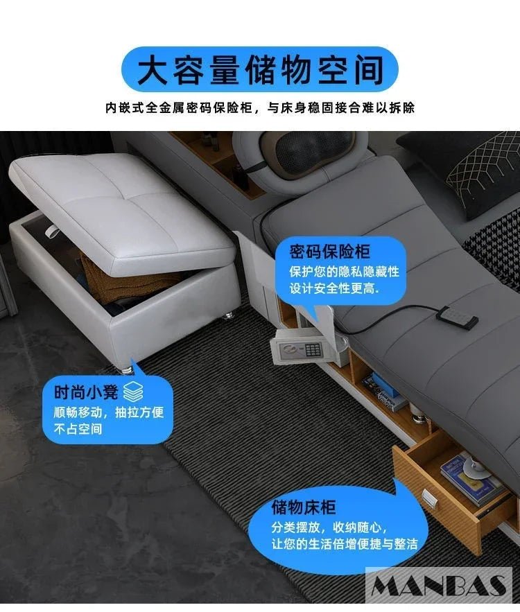 MINGDIBAO Tech Smart Genuine Leather Bed | Multifunctional Ultimate Beds | Massage Tatami Bed with Projecter | Upholstered Cama - Prime Devine Supply14:173bed with hig boxbed with hig box