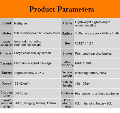 Nathaniel E - Bike,1000W Brushless Motor,27.5"Adult E - Mountain Bike,45Ah large capacity batteries,7 speed,45KM/H,Outdoor Trip Bike - Prime Devine Supply14:200002984Grey-45Ah;200007763:201336100Grey - 45Ah