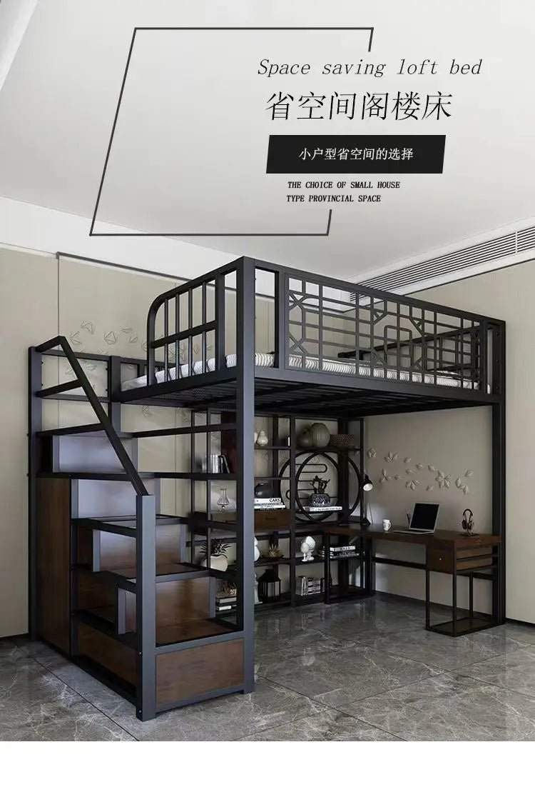New Chinese - style loft bed elevated sheet upper floor small apartment children's apartment iron frame - Prime Devine Supply14:200844060White ladder left siWhite ladder left si