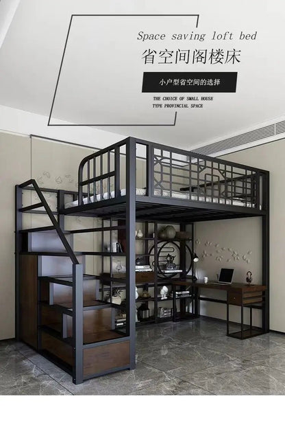 New Chinese - style loft bed elevated sheet upper floor small apartment children's apartment iron frame - Prime Devine Supply14:200844060White ladder left siWhite ladder left si