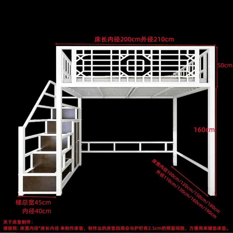 New Chinese - style loft bed elevated sheet upper floor small apartment children's apartment iron frame - Prime Devine Supply14:200844060White ladder left siWhite ladder left si
