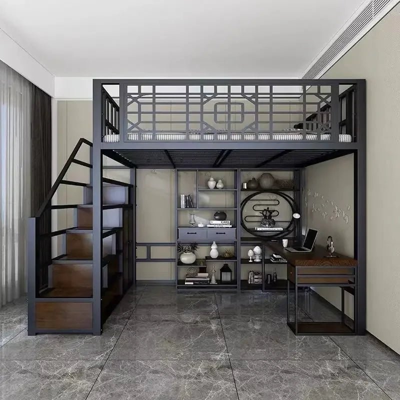 New Chinese - style loft bed elevated sheet upper floor small apartment children's apartment iron frame - Prime Devine Supply14:200844060White ladder left siWhite ladder left si