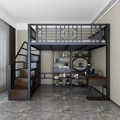 New Chinese - style loft bed elevated sheet upper floor small apartment children's apartment iron frame - Prime Devine Supply14:200844060White ladder left siWhite ladder left si