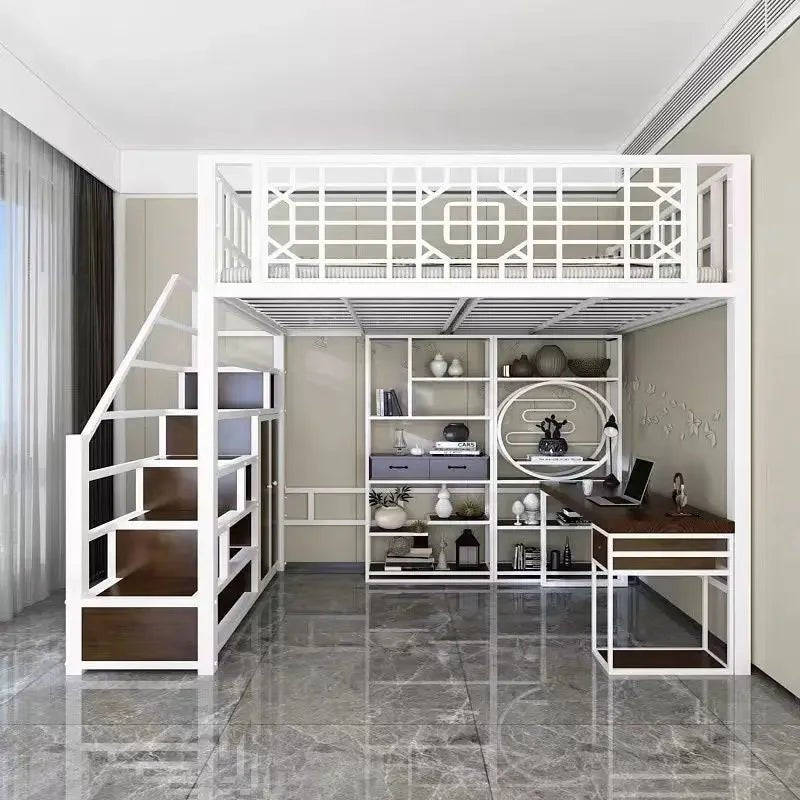 New Chinese - style loft bed elevated sheet upper floor small apartment children's apartment iron frame - Prime Devine Supply14:200844060White ladder left siWhite ladder left si