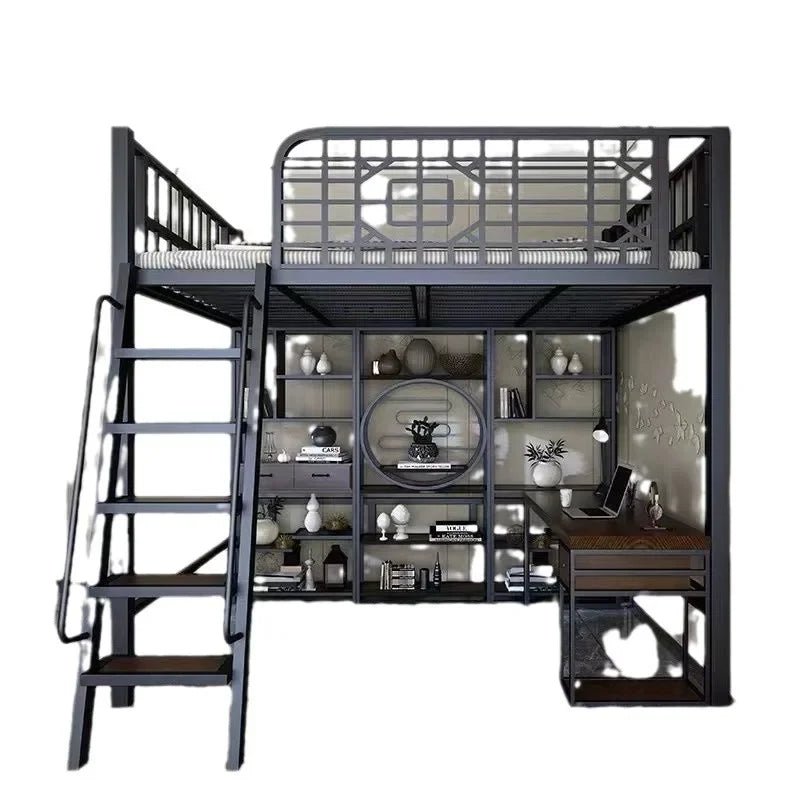 New Chinese - style loft bed elevated sheet upper floor small apartment children's apartment iron frame - Prime Devine Supply14:200844060White ladder left siWhite ladder left si