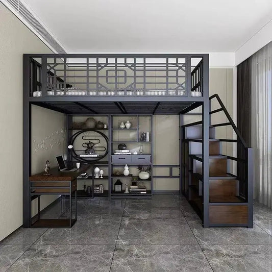 New Chinese - style loft bed elevated sheet upper floor small apartment children's apartment iron frame - Prime Devine Supply14:200844060White ladder left siWhite ladder left si