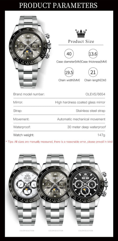 OLEVS 6654 Luxury Mens Watch Chronograph Automatic Mechanical Wristwatch Waterproof Luminous Top Brand Watch for Man Date Sport - Prime Devine Supply14:200005100blackblack