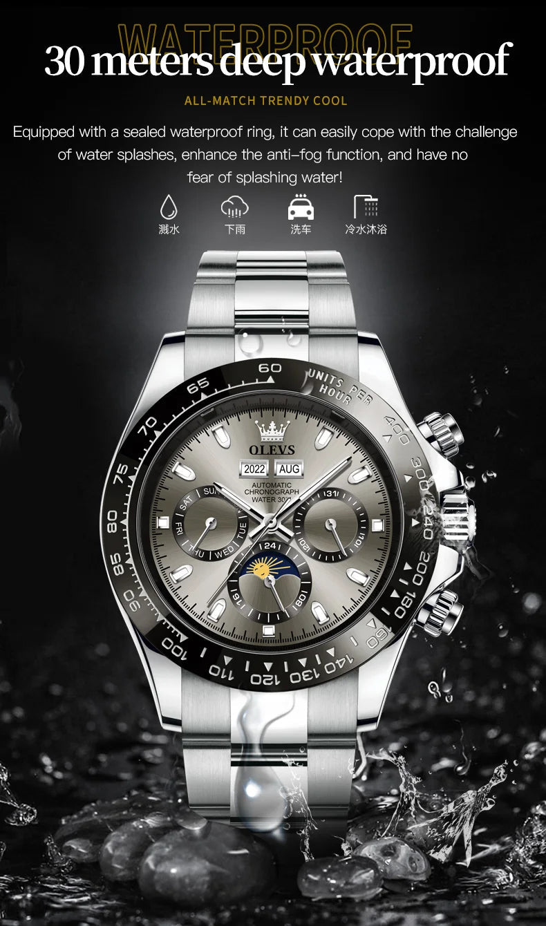 OLEVS 6654 Luxury Mens Watch Chronograph Automatic Mechanical Wristwatch Waterproof Luminous Top Brand Watch for Man Date Sport - Prime Devine Supply14:200005100blackblack
