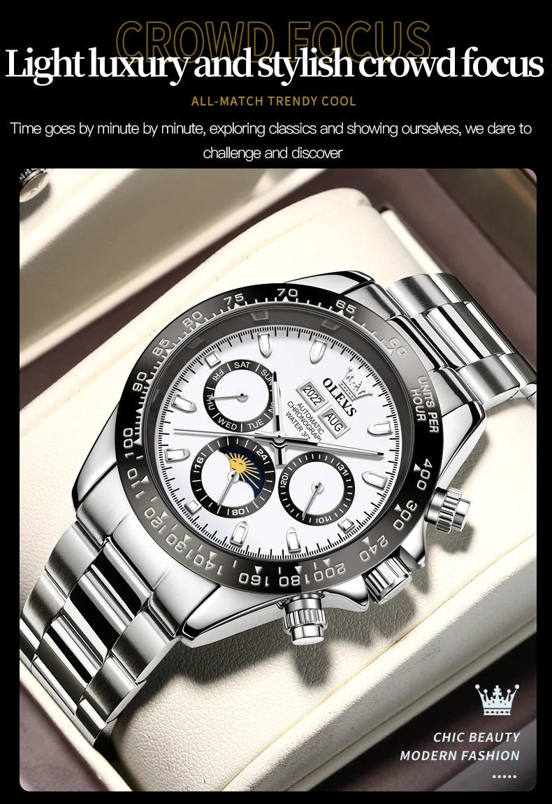 OLEVS 6654 Luxury Mens Watch Chronograph Automatic Mechanical Wristwatch Waterproof Luminous Top Brand Watch for Man Date Sport - Prime Devine Supply14:200005100blackblack