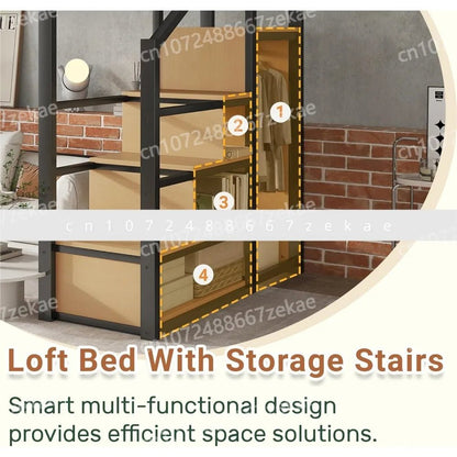 Queen Size Loft Bed with Stairs and Storage, Metal Loft Bed Frame with Bedside Shelf and Large Under - Bed Space, Heavy - Duty Beds - Prime Devine Supply14:193BlackBlack