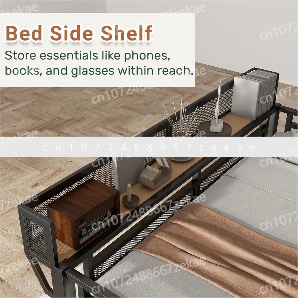 Queen Size Loft Bed with Stairs and Storage, Metal Loft Bed Frame with Bedside Shelf and Large Under - Bed Space, Heavy - Duty Beds - Prime Devine Supply14:193BlackBlack