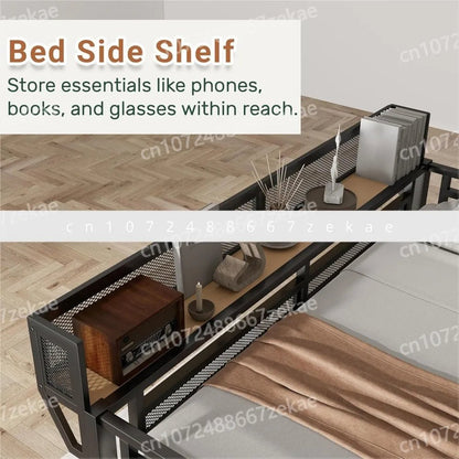 Queen Size Loft Bed with Stairs and Storage, Metal Loft Bed Frame with Bedside Shelf and Large Under - Bed Space, Heavy - Duty Beds - Prime Devine Supply14:193BlackBlack