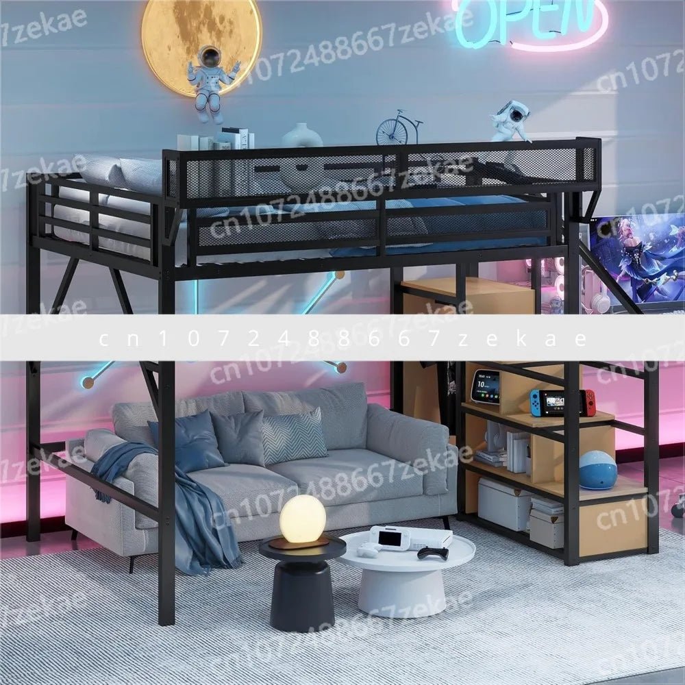 Queen Size Loft Bed with Stairs and Storage, Metal Loft Bed Frame with Bedside Shelf and Large Under - Bed Space, Heavy - Duty Beds - Prime Devine Supply14:193BlackBlack