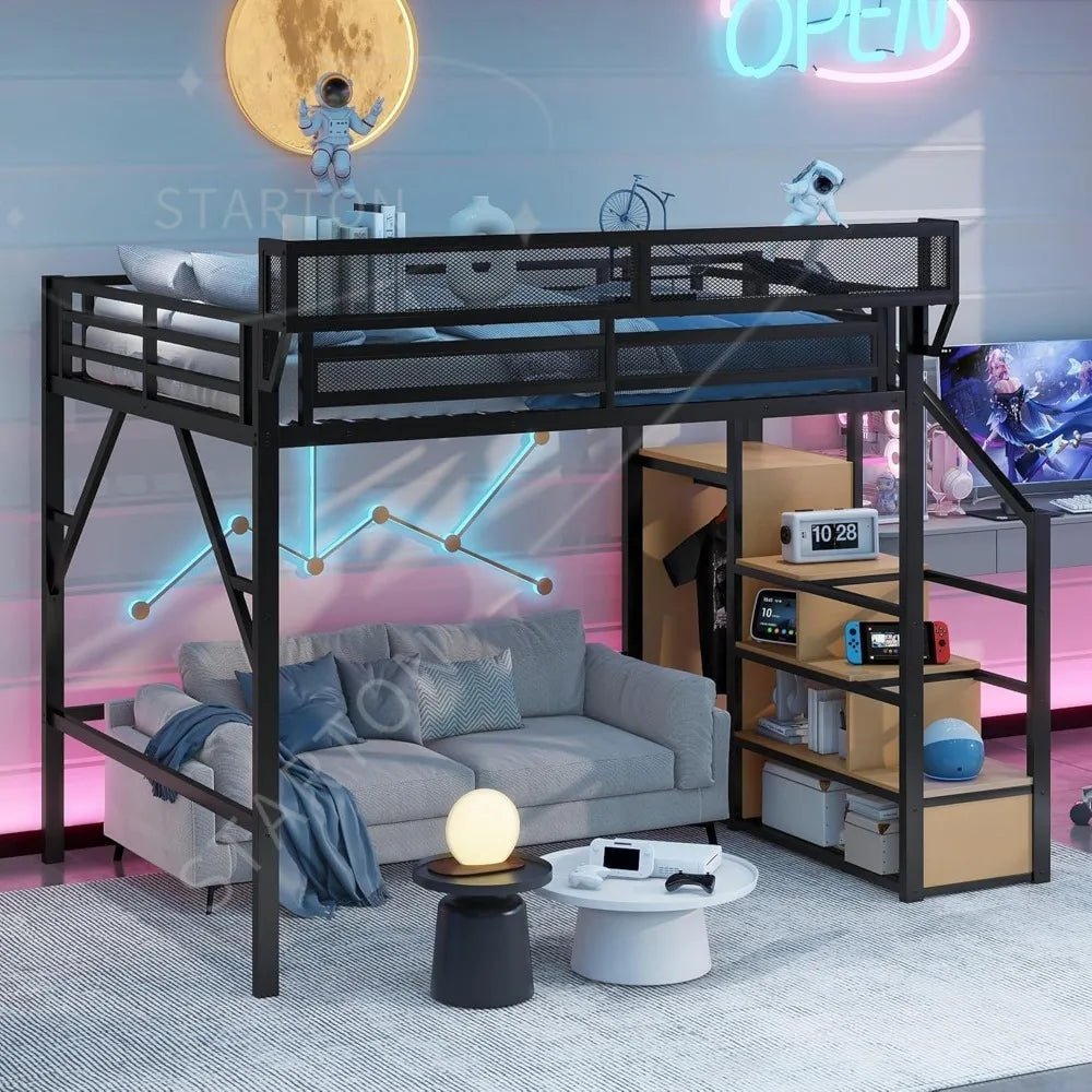 Queen Size Loft Bed with Stairs and Storage, Metal Loft Bed Frame with Bedside Shelf and Large Under - Bed Space, Heavy - Duty Beds - Prime Devine Supply14:193BlackBlack