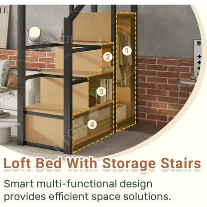 Queen Size Loft Bed with Stairs and Storage, Metal Loft Bed Frame with Bedside Shelf and Large Under - Bed Space, Heavy - Duty Beds - Prime Devine Supply14:193BlackBlack
