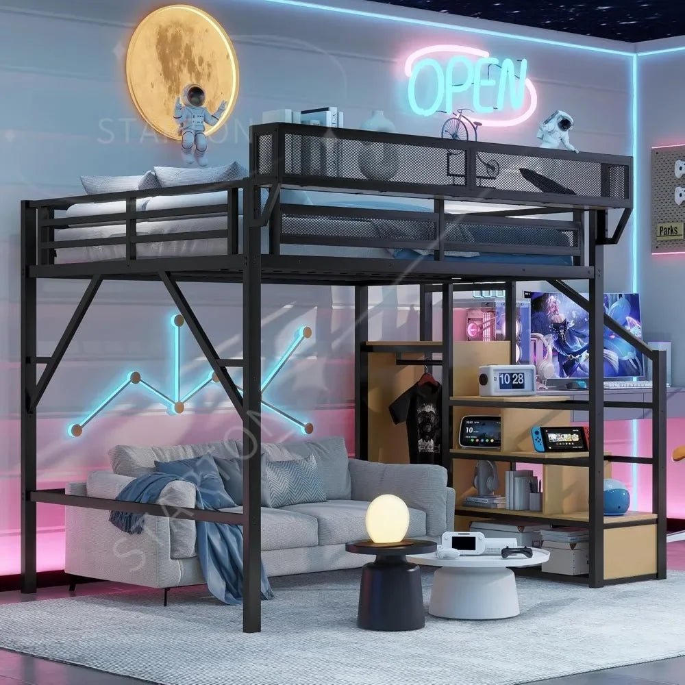 Queen Size Loft Bed with Stairs and Storage, Metal Loft Bed Frame with Bedside Shelf and Large Under - Bed Space, Heavy - Duty Beds - Prime Devine Supply14:193BlackBlack