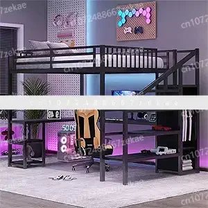 Queen Size Loft Bed with Stairs and Storage, Metal Loft Bed Frame with Bedside Shelf and Large Under - Bed Space, Heavy - Duty Beds - Prime Devine Supply14:193BlackBlack