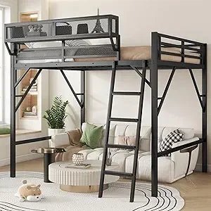 Queen Size Loft Bed with Stairs and Storage, Metal Loft Bed Frame with Bedside Shelf and Large Under - Bed Space, Heavy - Duty Beds - Prime Devine Supply14:200004889Pure BlackPure Black