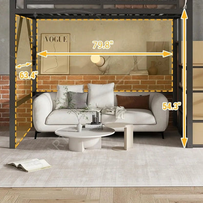 Queen Size Loft Bed with Stairs and Storage, Metal Loft Bed Frame with Bedside Shelf and Large Under - Bed Space, Heavy - Duty Beds - Prime Devine Supply14:193BlackBlack