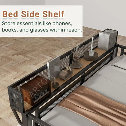 Queen Size Loft Bed with Stairs and Storage, Metal Loft Bed Frame with Bedside Shelf and Large Under - Bed Space, Heavy - Duty Beds - Prime Devine Supply14:193BlackBlack