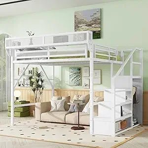 Queen Size Loft Bed with Stairs and Storage, Metal Loft Bed Frame with Bedside Shelf and Large Under - Bed Space, Heavy - Duty Beds - Prime Devine Supply14:10WhiteWhite