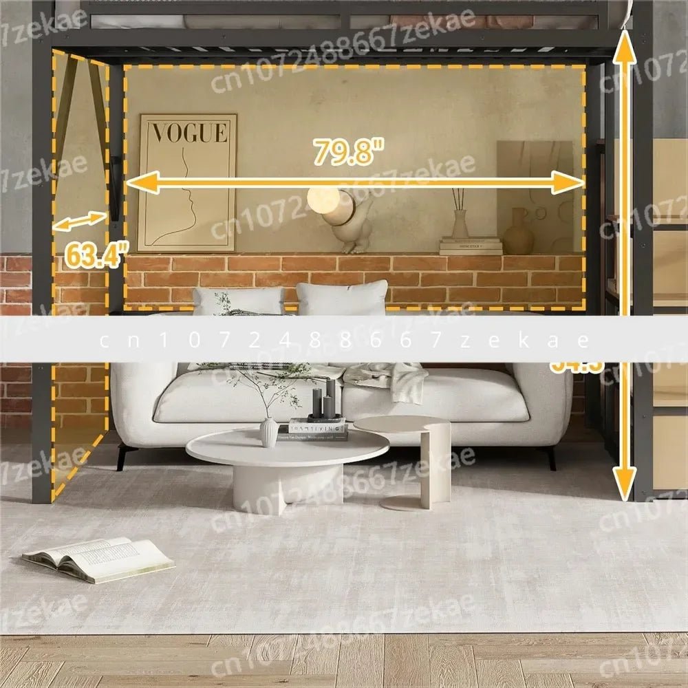 Queen Size Loft Bed with Stairs and Storage, Metal Loft Bed Frame with Bedside Shelf and Large Under - Bed Space, Heavy - Duty Beds - Prime Devine Supply14:193BlackBlack