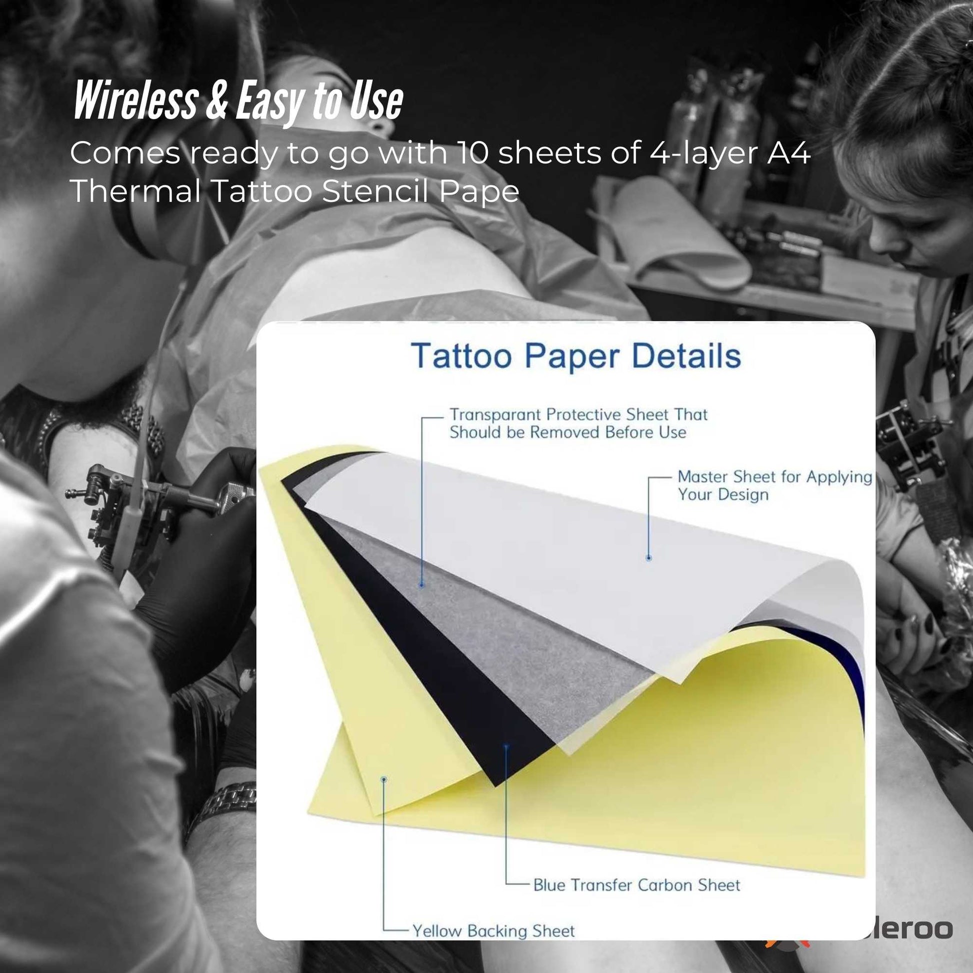 Tooleroo Portable A4 Thermal Printer Black + Tattoo Stencil Paper - Wireless - Prime Devine SupplyA4_P_T_Printer_TATTOO_BLACKElectronics > Printer